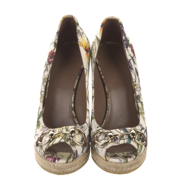 Gucci Authentic Charlotte Floral Wedges Horsebit Hardware Peep Toe 37.5 - Picture 2 of 16